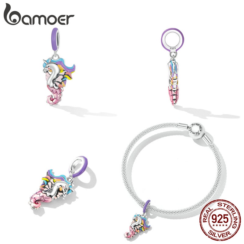 Mặt vòng cổ BAMOER bằng bạc 925 hình cá ngựa hoạt họa