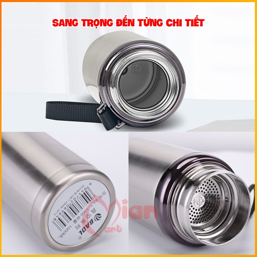 Bình nước giữ nhiệt inox MIAN MART - Dung tích 600/780/1000/1200ML INOX cao cấp - BH 01 năm tặng kèm khăn lau siêu thấm