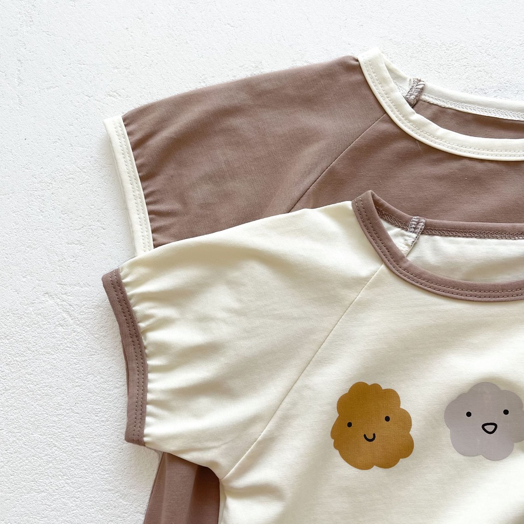Bộ Áo Liền Quần Tay Ngắn Vải Cotton In Hình Đám Mây Dễ Thương Cho Bé