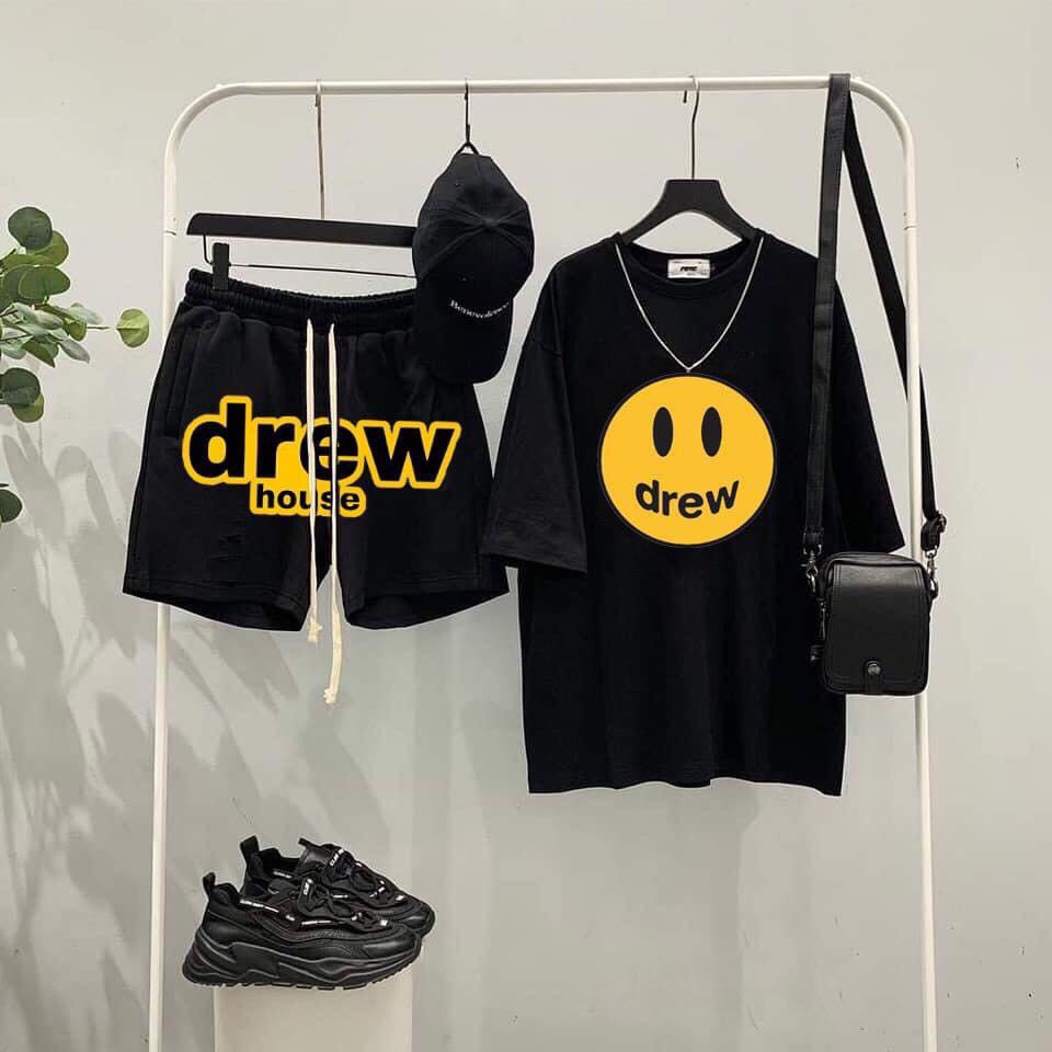 combo quần thun form rộng drew house,áo tay lỡ oversize in hình măt cười nam nữ cao cấp