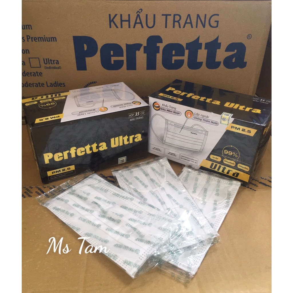 Khẩu Trang Y Tế Cao Cấp Perfetta Ultra PM 2.5 ngăn bụi mịn,siêu mềm mượt,chống thấm nước,chống khuẩn (1 hộp 35 cái )