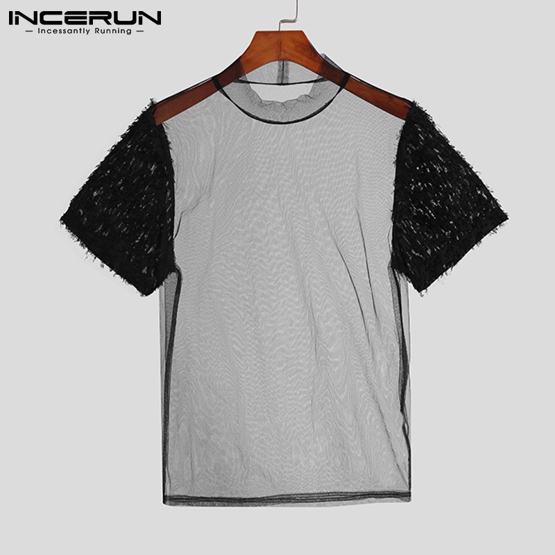 Áo thun INCERUN lưới xuyên thấu ngắn tay phối tua rua gợi cảm cho nam