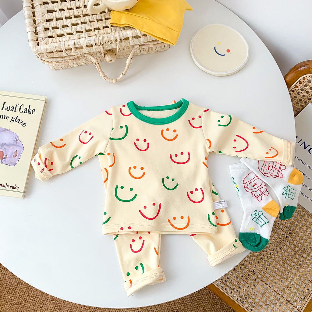 Bộ quần áo mặc nhà dài tay họa tiết mặt cười đáng yêu cho bé 1-3 tuổi