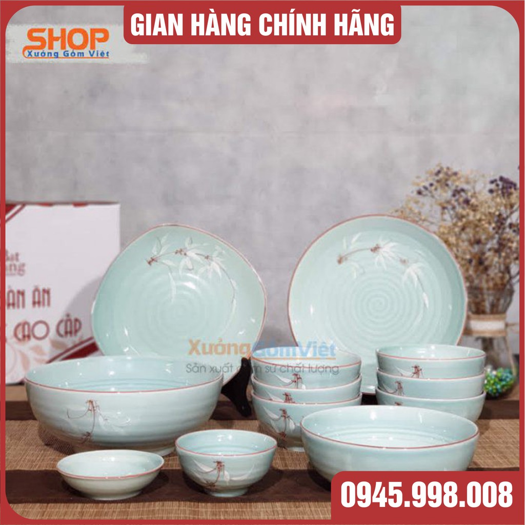 [sale rẻ] Bộ bát đĩa 12 món men xanh vẽ trúc gồm 6 chén,2 đĩa,2 tô,2 chén gia vị- setup bàn ăn sang trọng và tính tế-XGV