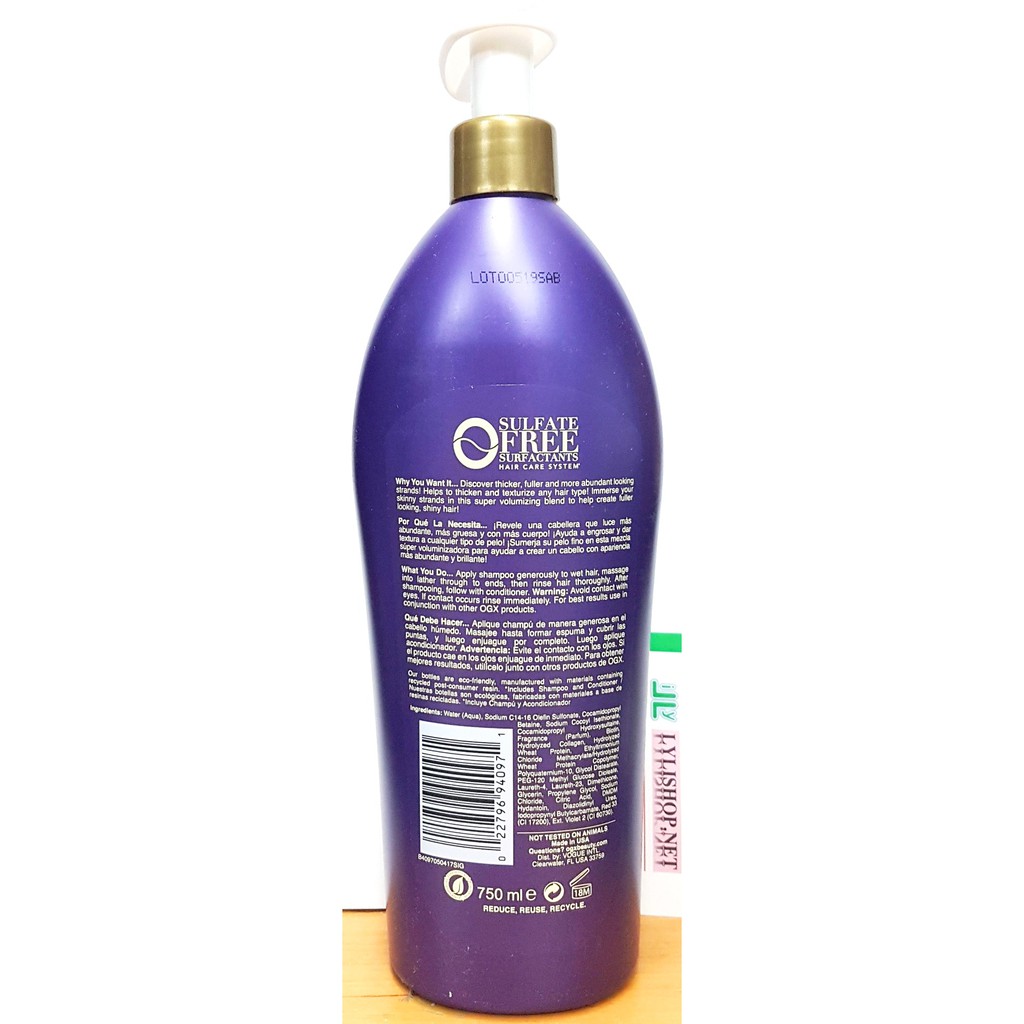 Dầu gội dầu xả OGX Thick and Full Biotin and Collagen shampoo Conditioner chai 750ml từ Mỹ có vòi