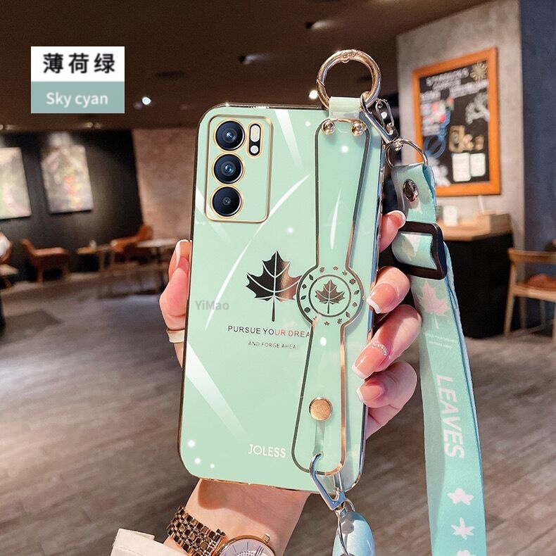 Ốp điện thoại vuông mạ điện hình lá phong có vòng tay cho Vivo V2101 V2108 V2050 V2109 V2022 V2023 V2025 V2024 V2026