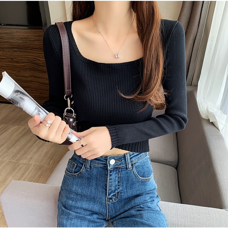 Porozi  Áo dệt kim tay dài cổ vuông dáng ngắn phong cách Hàn Quốc tùy chọn màu sắc dành cho nữ