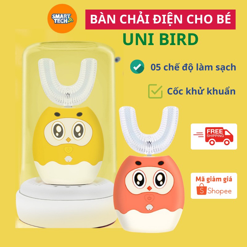 Bàn chải điện đánh răng cho bé UniBird, Bàn chải chữ U silicon cao cấp cho bé từ 2 -9 tuổi, có nhạc có cốc khử khuẩn