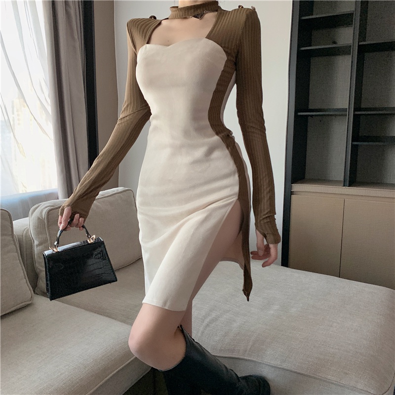 Đầm tay dài xẻ tà màu sắc thời trang thu đông phong cách Trung Quốc