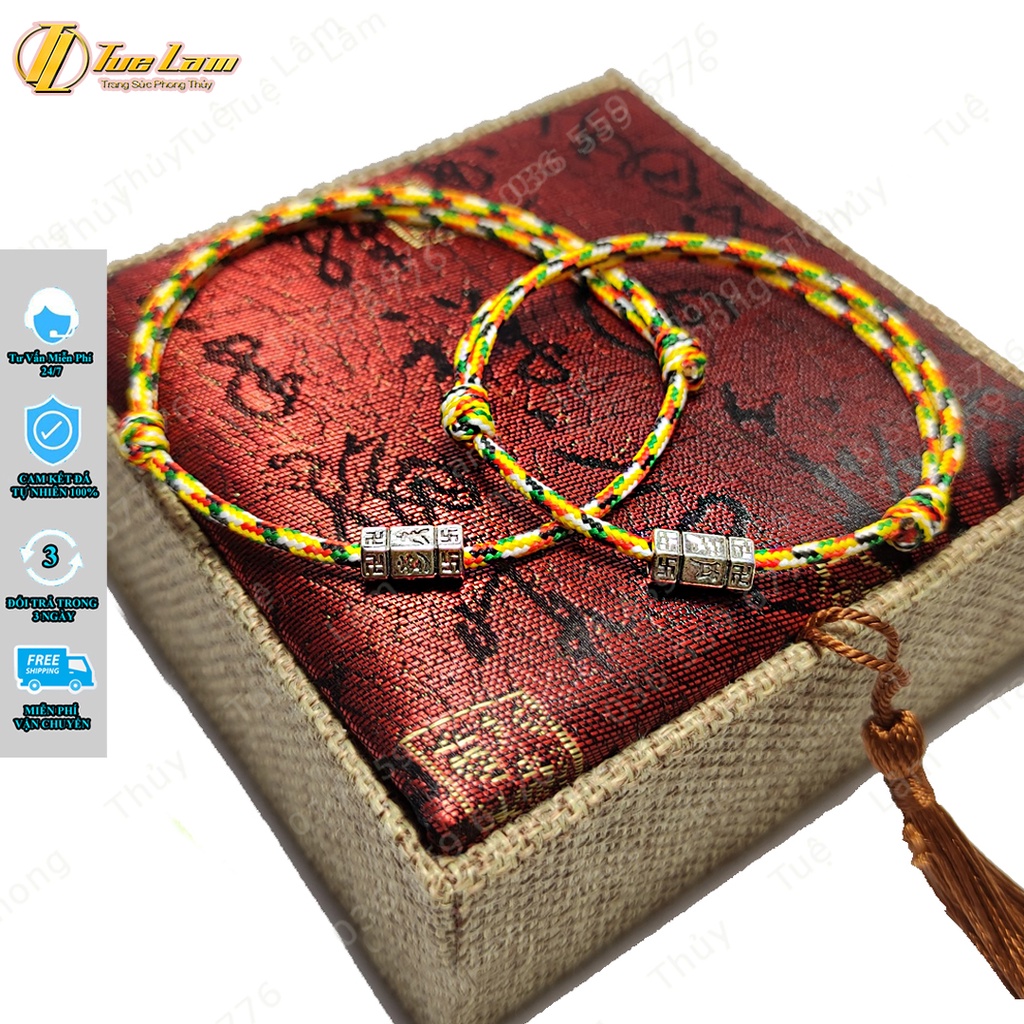 Vòng tay chỉ ngũ sắc tây tạng may mắn mix charm ống trụ khắc chú bình an - Tuệ Lâm