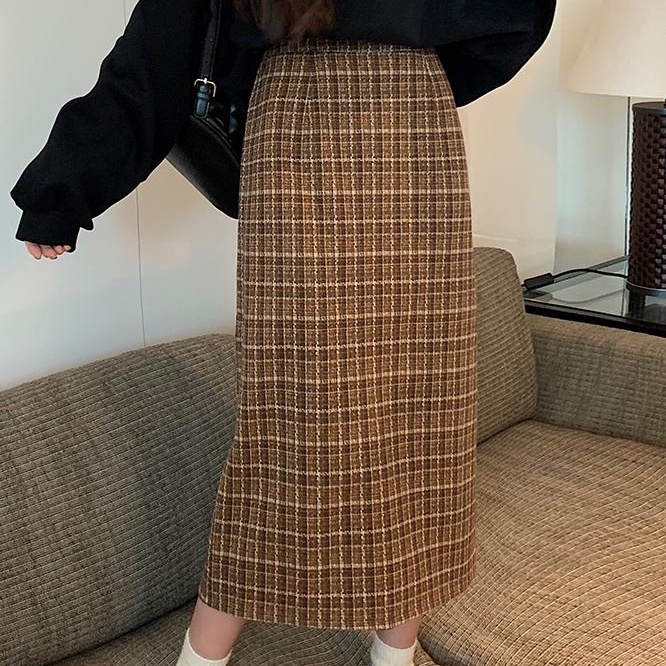 Chân váy midi SUXI dáng chữ A cạp cao kẻ sọc caro phong cách vintage