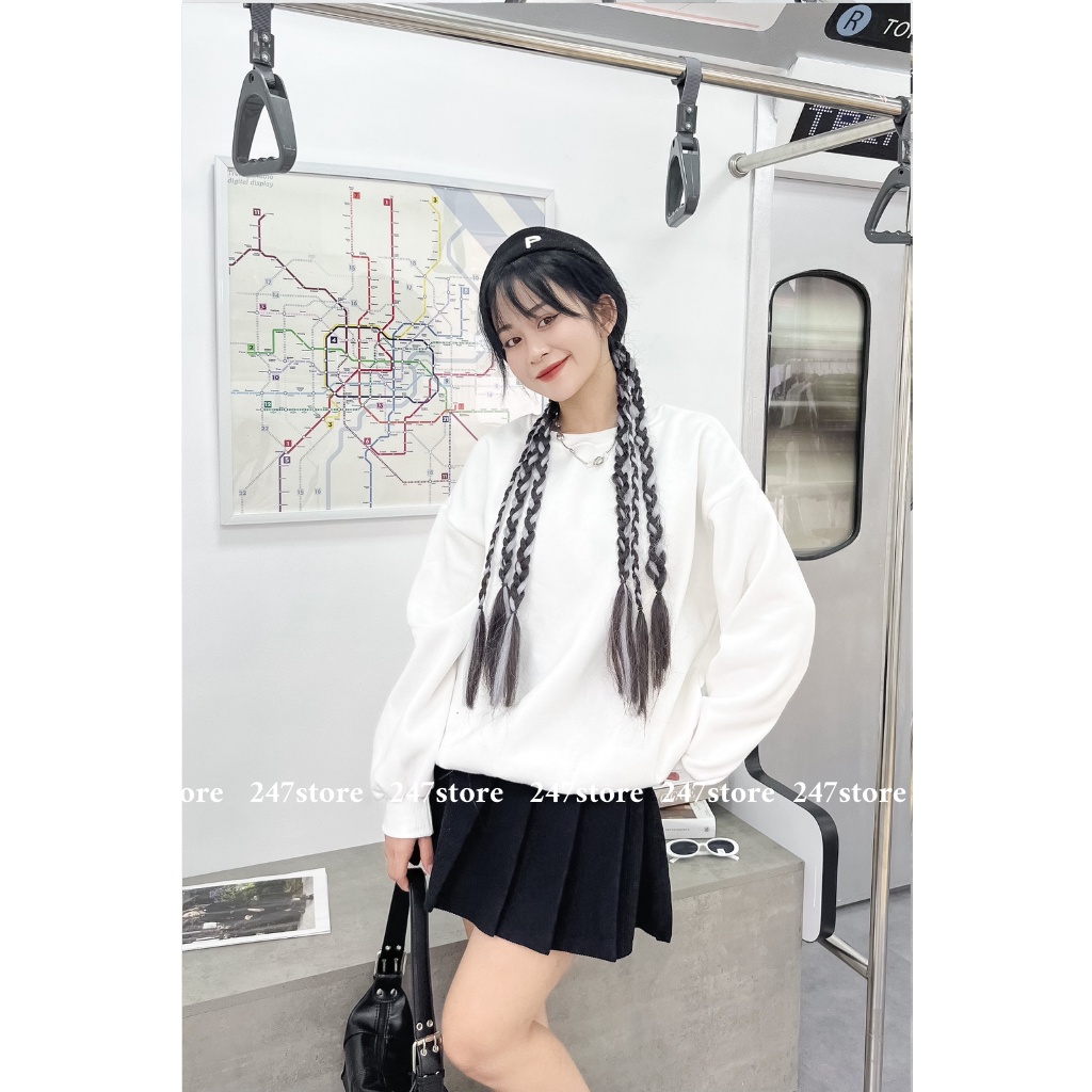 Áo sweater nỉ bông trơn dáng rộng mã 876
