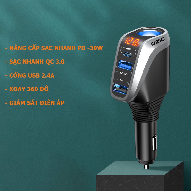 Tẩu Sạc Ô Tô 3 Cổng PD Siêu Nhanh Có Đồng Hồ LED Báo Điện Áp Acquy, Chống Cháy Nổ Bảo Vệ Thiết Bị