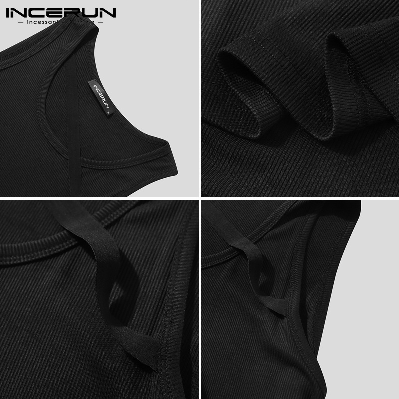 Áo INCERUN dệt kim không tay màu trơn phối dây ôm vừa vặn cho nam mặc thường ngày