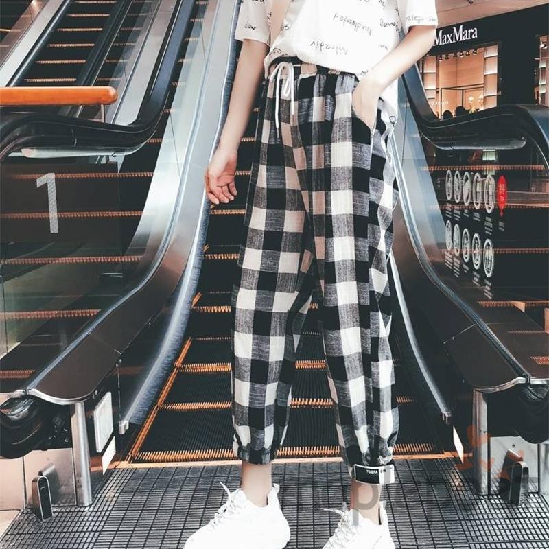 MAP-Female Trousers, Women’ s Plaid High Waist Long Harem Pants with Drawstring for Spring Summer, S/M/L/XL/XXL