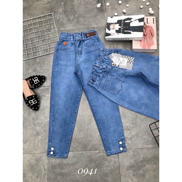 Quần Jeans Nữ Lưng Cao Lưng Chun Phối Cúc Gấu
