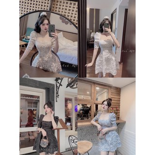 Váy gấm xốp hoa cổ vuông tay bồng