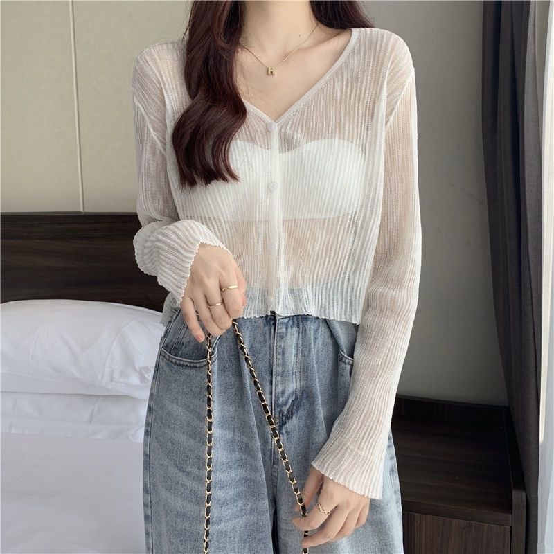 Áo Khoác Cardigan Ngắn Dệt Kim Vải Lụa Lạnh Mỏng Xuyên Thấu Thời Trang Mùa Hè Cho Nữ