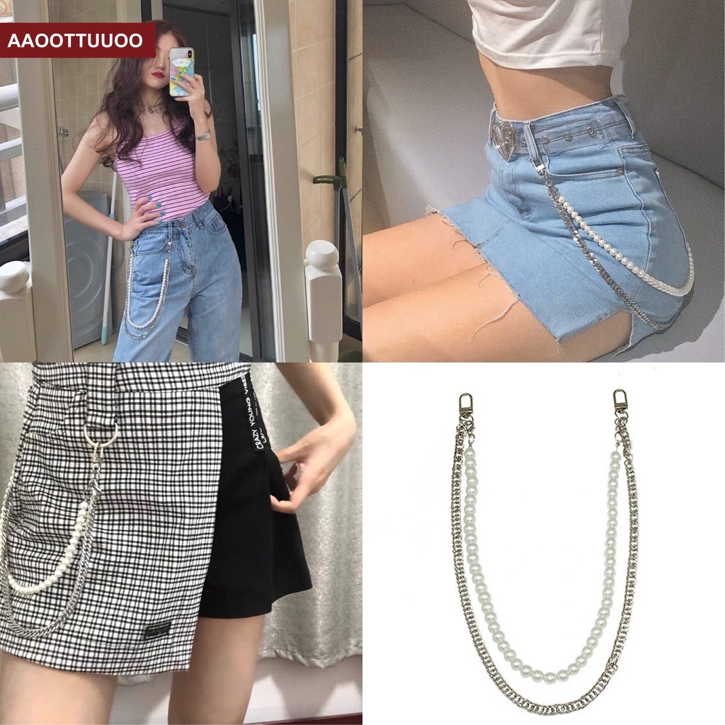 Thắt Lưng Dây Xích Đôi Đính Ngọc Trai Đa Năng Phong Cách Punk Thời Trang