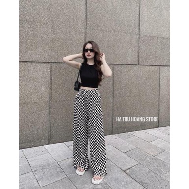 Set croptop tăm trơn basic quần suông caro đen trắng - Bộ áo thun dáng ôm body kèm quần culottes ống rộng cạp cao trendy
