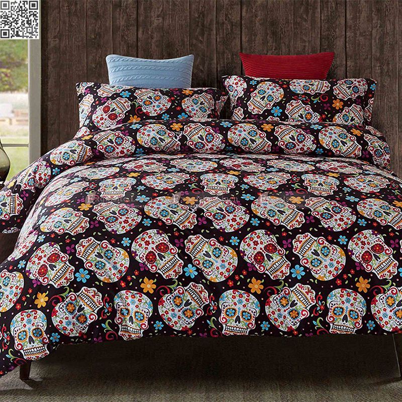 Bộ Chăn Ga Và Vỏ Gối In Hình Đầu Lâu Thời Trang