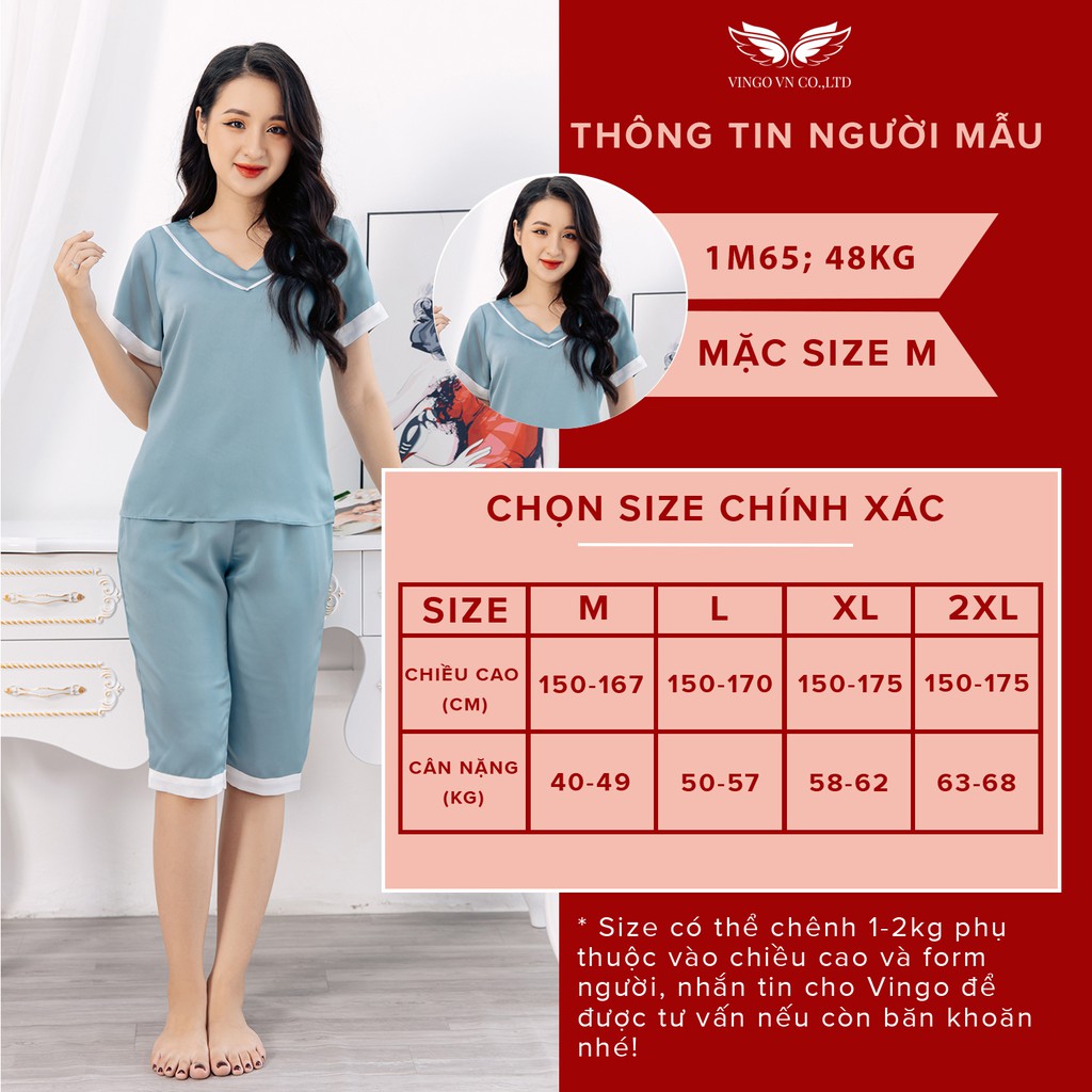 Đồ bộ nữ Pijama mặc nhà mùa Hè VINGO lụa Hàn trơn tay cộc quần lửng cổ V phối viền trắng thanh lịch H358 VNGO