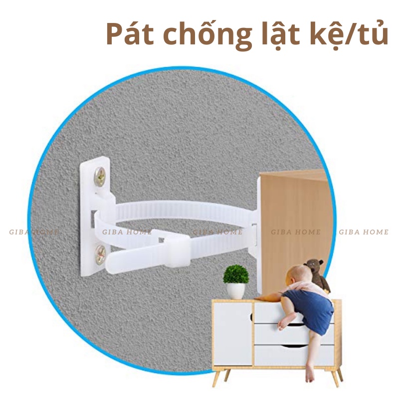 Pát đỡ dây đai đeo gắn tường chống lật, tủ kệ đồ nội thất trong gia đình cho bé hoặc thú cưng - GIBA