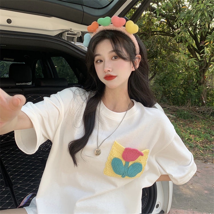 Áo Thun Nữ Ngắn Tay Có Túi In Hoa Mới