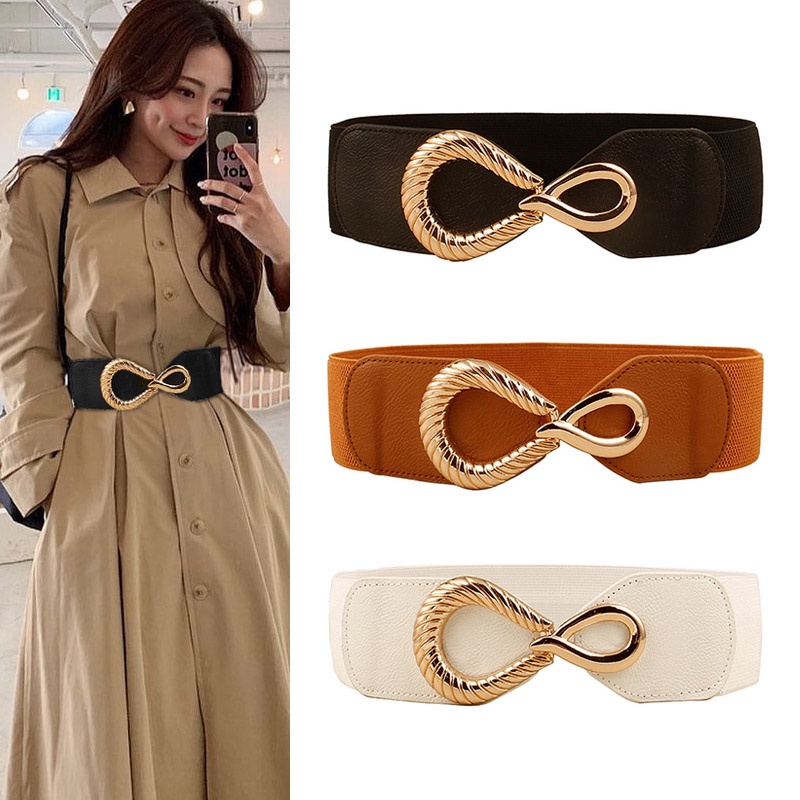 Thắt lưng bản rộng bằng da PU phối khóa màu vàng kim thời trang cho nữ