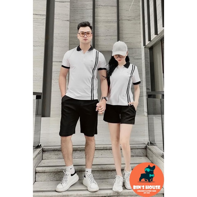 ÁO POLO ĐÔI NAM NỮ TRẮNG CỔ ĐEN PHỐI SỌC