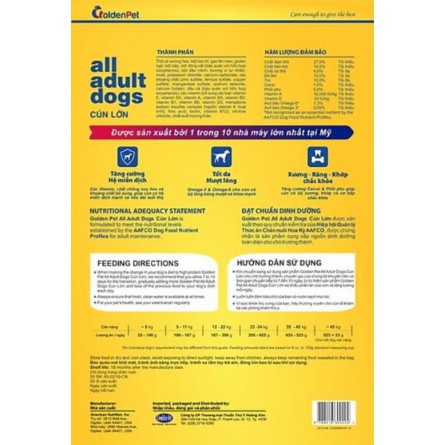 (HSD 19.05.22) THỨC ĂN HẠT CHO CHÓ LỚN GoldenPet all adull dogs Túi 1.1kg Xuất xứ USA (Mỹ)