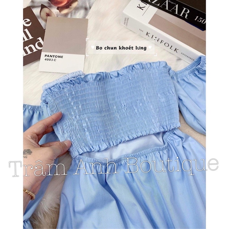 Đầm xanh cổ yếm rớt vai cut out lưng bochun Briebrie cao cấp chất liệu organza, sang chảnh 255