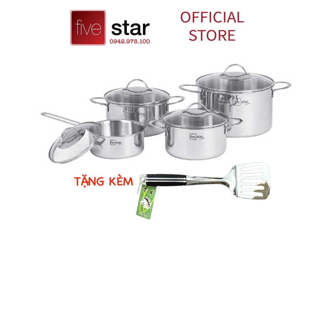 Bộ nồi 3 lớp đáy liền inox 304 Fivestar Plus quai oval nắp kính , tặng 1 sạn inox