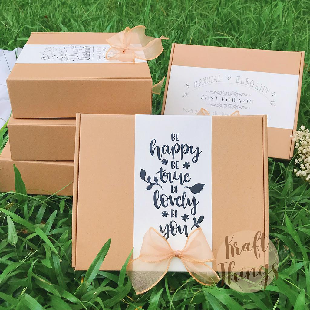 COMBO Hộp quà + túi + thiệp + rơm vintage nhiều chủ đề cỡ lớn 30x25x8cm CB3 Kraft Things