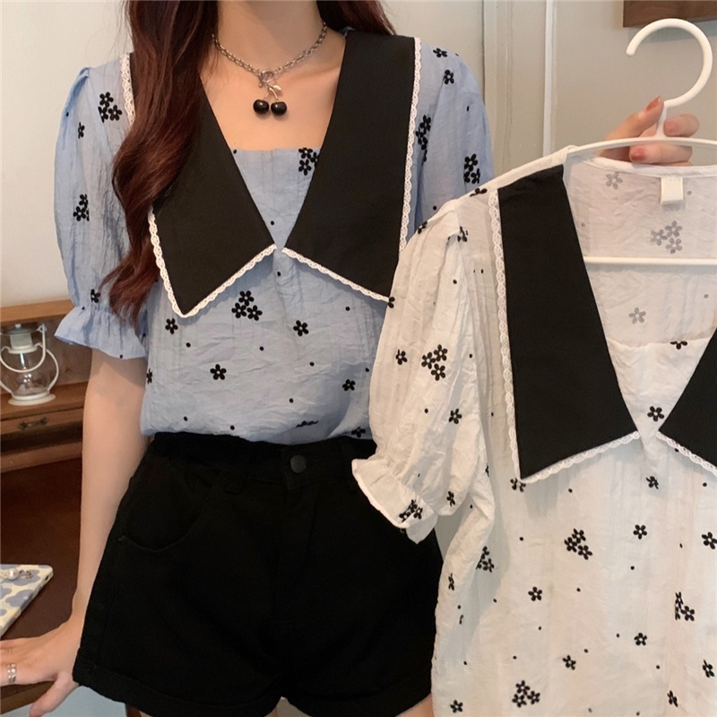 NZN Áo Kiểu Tay Phồng Ngắn In Hoa Kiểu Retro Pháp Dễ Thương Cho Nữ