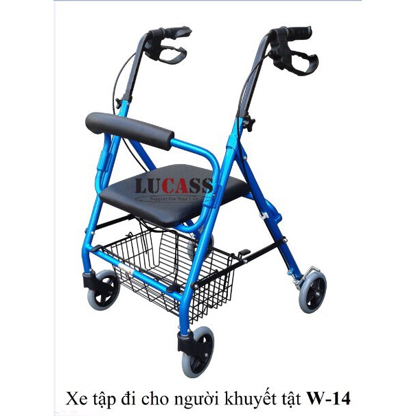 KHUNG TẬP ĐI CÓ GHẾ NGỒI, 4 BÁNH XE,CÓ PHANH TAY, GIỎ ĐỰNG ĐỒ LUCASS W-14