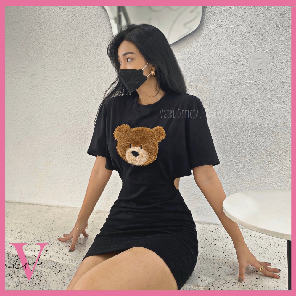 Đầm body khoét eo VGIRL phối tay áo thun kiểu dáng ôm hình thêu gấu Teddy dệt lông [ẢNH ĐỘC QUYỀN] | BigBuy360 - bigbuy360.vn