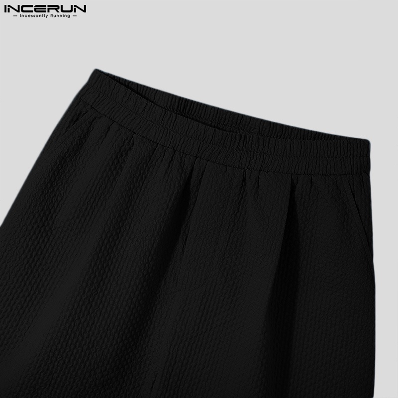 Set áo sơ mi tay ngắn cổ đứng +quần short INCERUN màu trơn thời trang cho nam