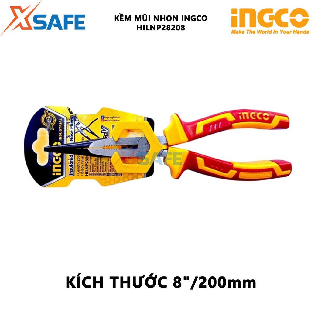 Kềm mũi cong cách điện INGCO HIBNP28208 đầu kềm mạ đen, đánh bóng - chính hãng