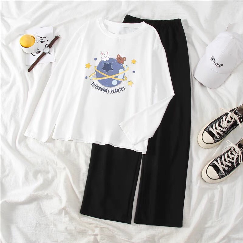Sét Áo Tiểu hành tinh + quần suông, Áo thun from rộng, Chất đẹp không xù, quần suông ống rộng, Sét bộ mặc ở nhà - MODY