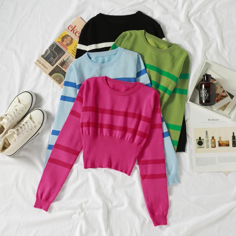 Áo Len Croptop Áo Len Mỏng Sọc Tay Dài Cổ Chữ O Phong Cách Hàn Quốc Cho Nữ