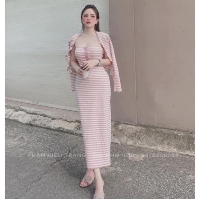 Set bộ len tăm kẻ váy đầm body dây khuy ngực mix áo cdg siêu xinh L1 lina yy pl vc mchi