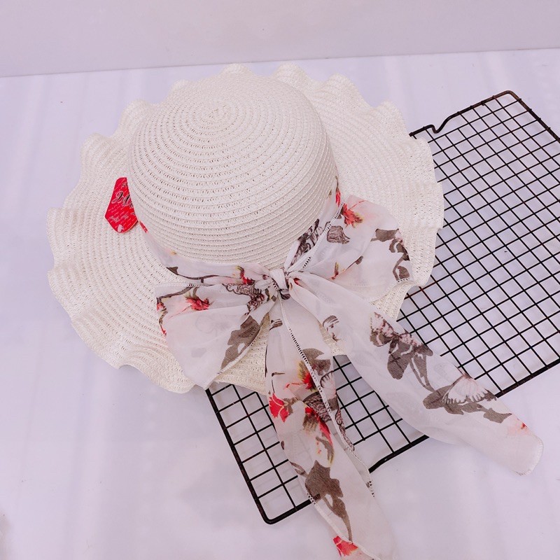 NÓN CÓI ĐI BIỂN - Vành rộng lượn sóng thắt nơ hoa văn