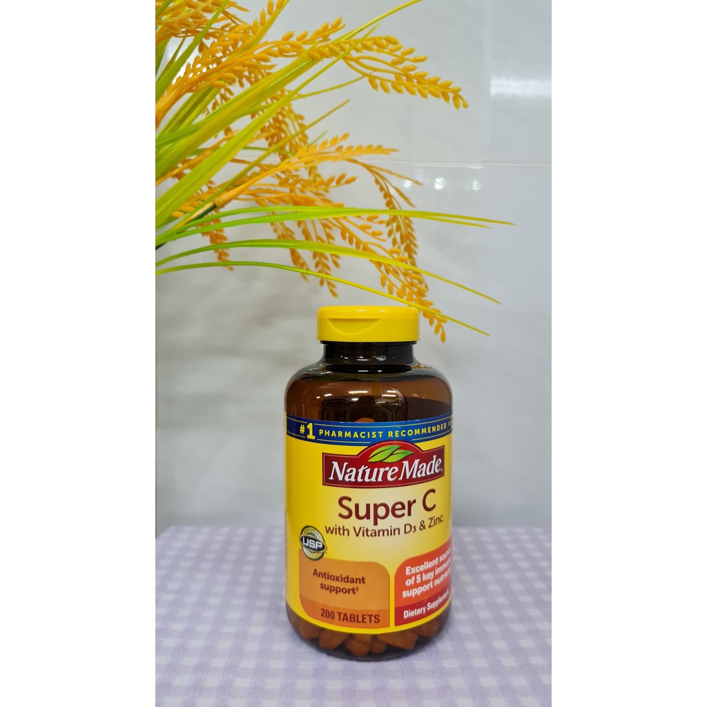 Viên uống tăng cường miễn dịch Super C Nature Made - Thực phẩm chức năng bổ sung vitamin C, D3, Kẽm USA 200 viên