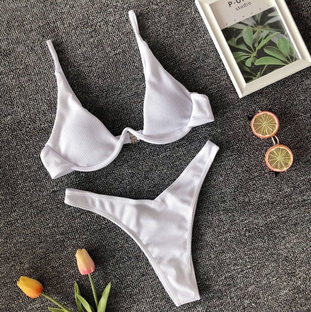 [BKN103N] &lt;ÂU&gt; SET BIKINI VẢI GÂN 4 MÀU QUẦN THONG/LỌT KHE (CÓ GỌNG)