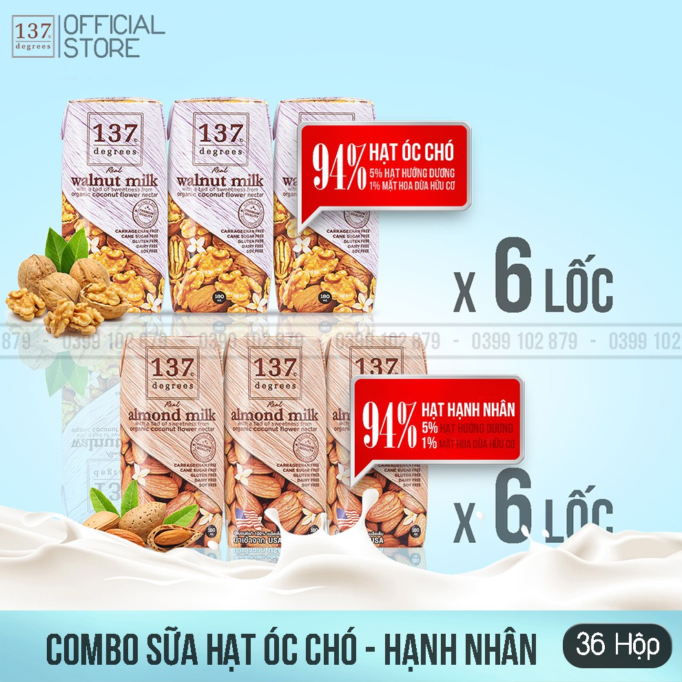 Thùng mix 6 lốc sữa hạt óc chó nguyên chất và 6 lốc sữa hạt hanh nhân nguyên chất 137 DEGREES