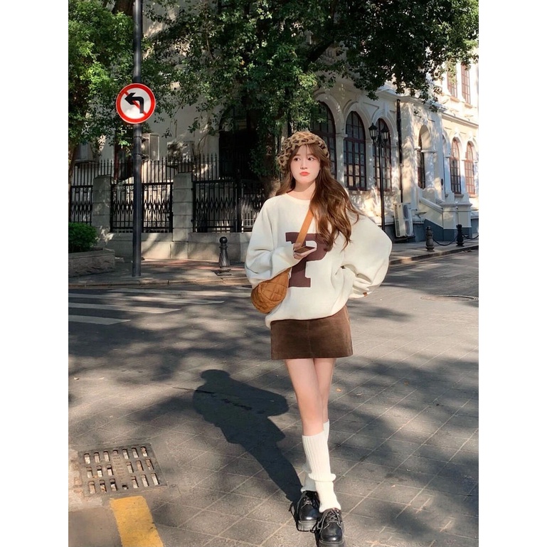 Áo sweater phối lông in họa tiết + chân váy chữ A vải nhung Hàn Quốc thời trang thu đông cho nữ 2022 có bán lẻ