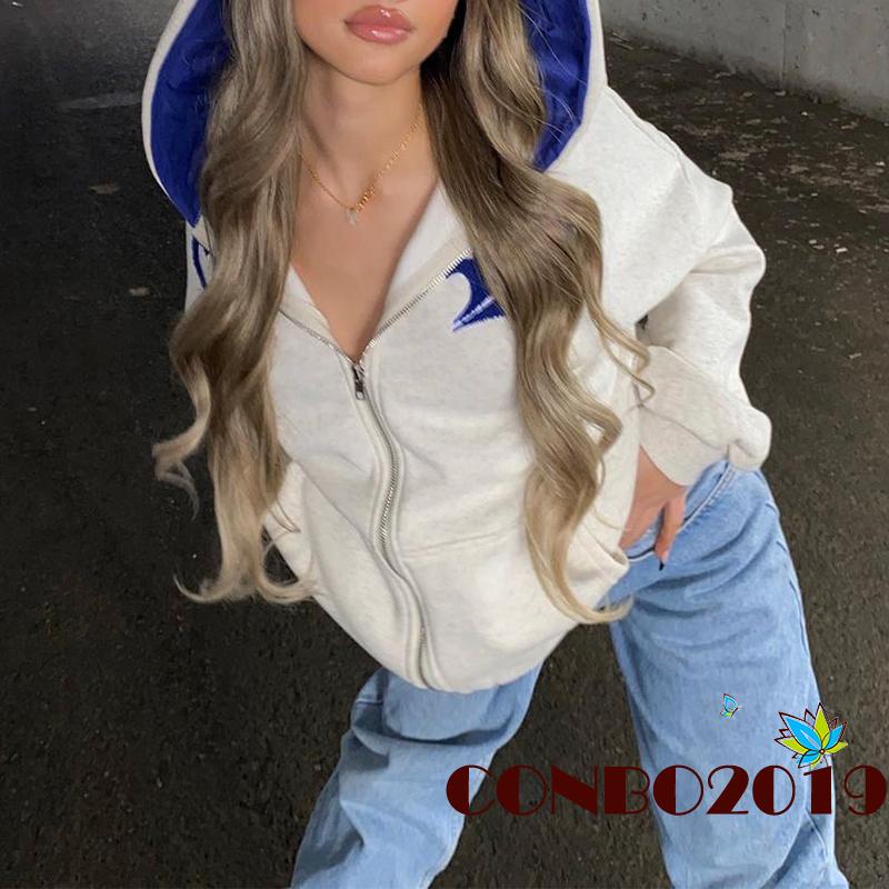 Áo Khoác Hoodie Tay Dài Có Khóa Kéo Phối Màu Sắc Thời Trang Mùa Thu Cho Nữ