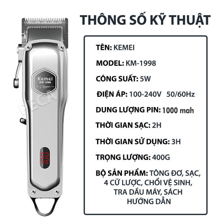 Tông đơ cắt tóc không dây Kemei KM-1997 chuyên nghiệp với toàn thân là hợp kim nhôm cao cấp pin lithium 2000mAh