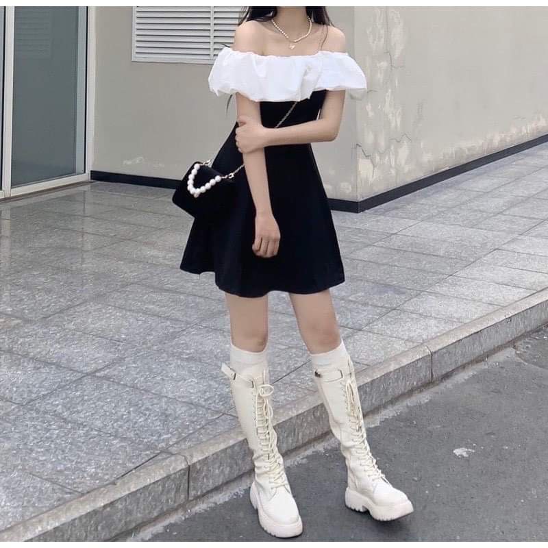 Váy Trễ Vai Phối Ngực Trắng Nữ Đầm Body Chữ A Đen Hở Vai Bánh Bèo Phối ĐEN TRẮNG